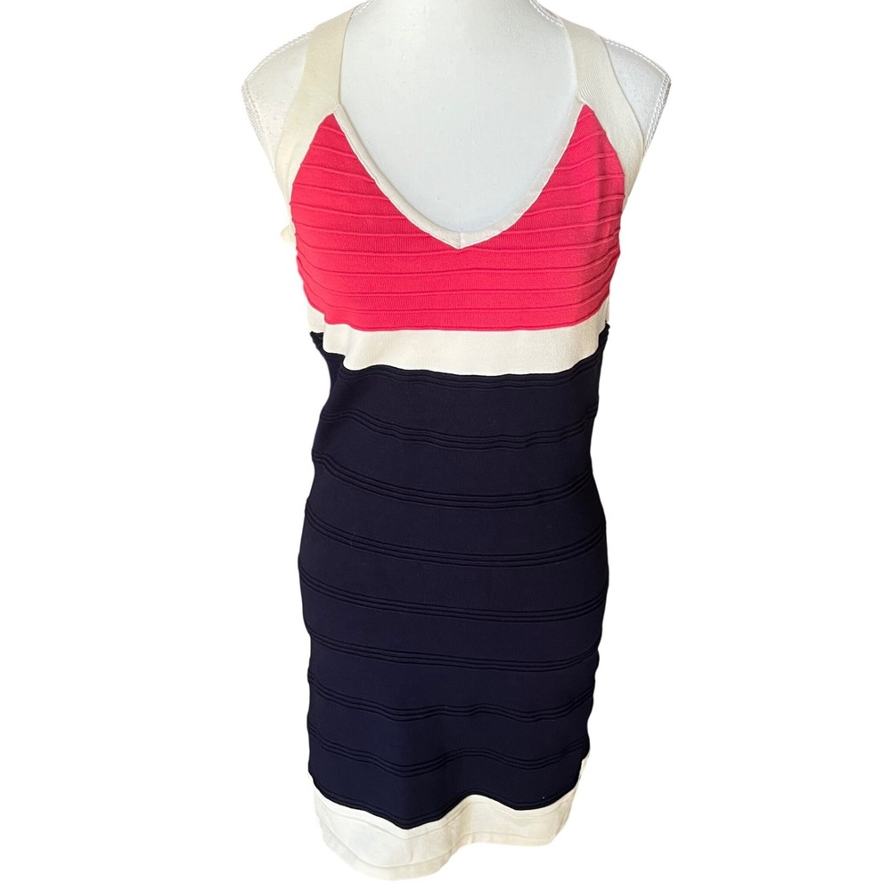 XXI Forever‎ Bodycon Dress Ribbed Navy Cream Coral Sleeveless Halter Medium